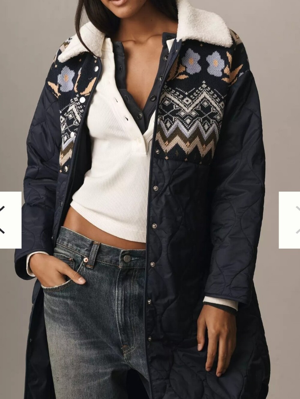 Anthropologie Fairisle Mix Liner Quilted Navy Long Coat Faux-Shearling Collar